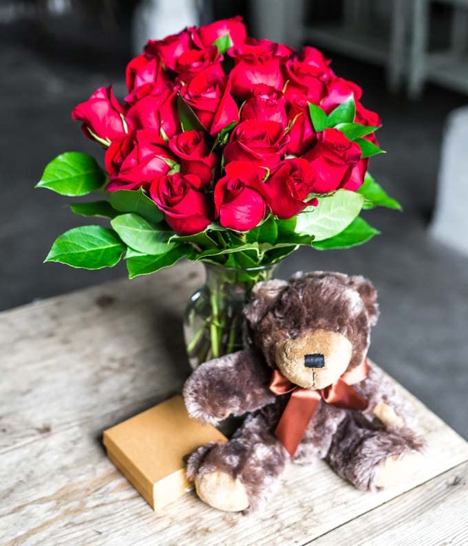 DELIVERY BY FRIDAY, 8/2 GUARANTEED IF ORDER PLACED BY 8/1 BEFORE 2PM EST From You Flowers - Two Dozen Long Stemmed Red Roses with Chocolates & Bear with Glass Vase (Fresh Flowers) Birthday,