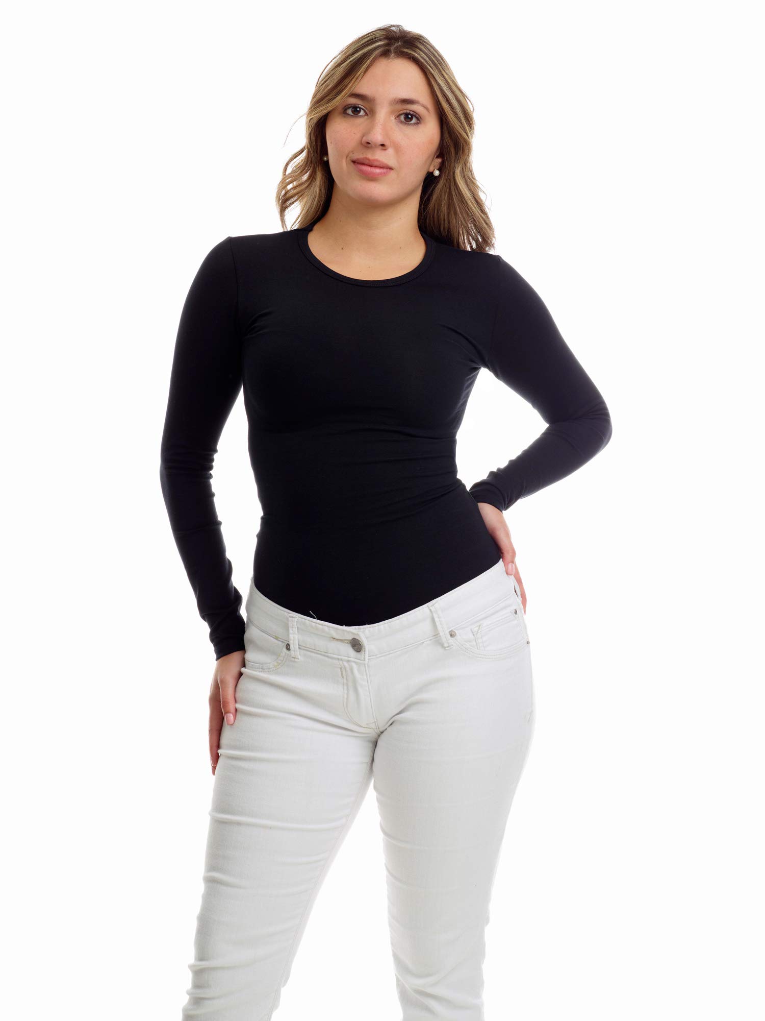 Underworks Women's Ultra Light Compression Minimizer Crew Long Sleeves, Large, Black