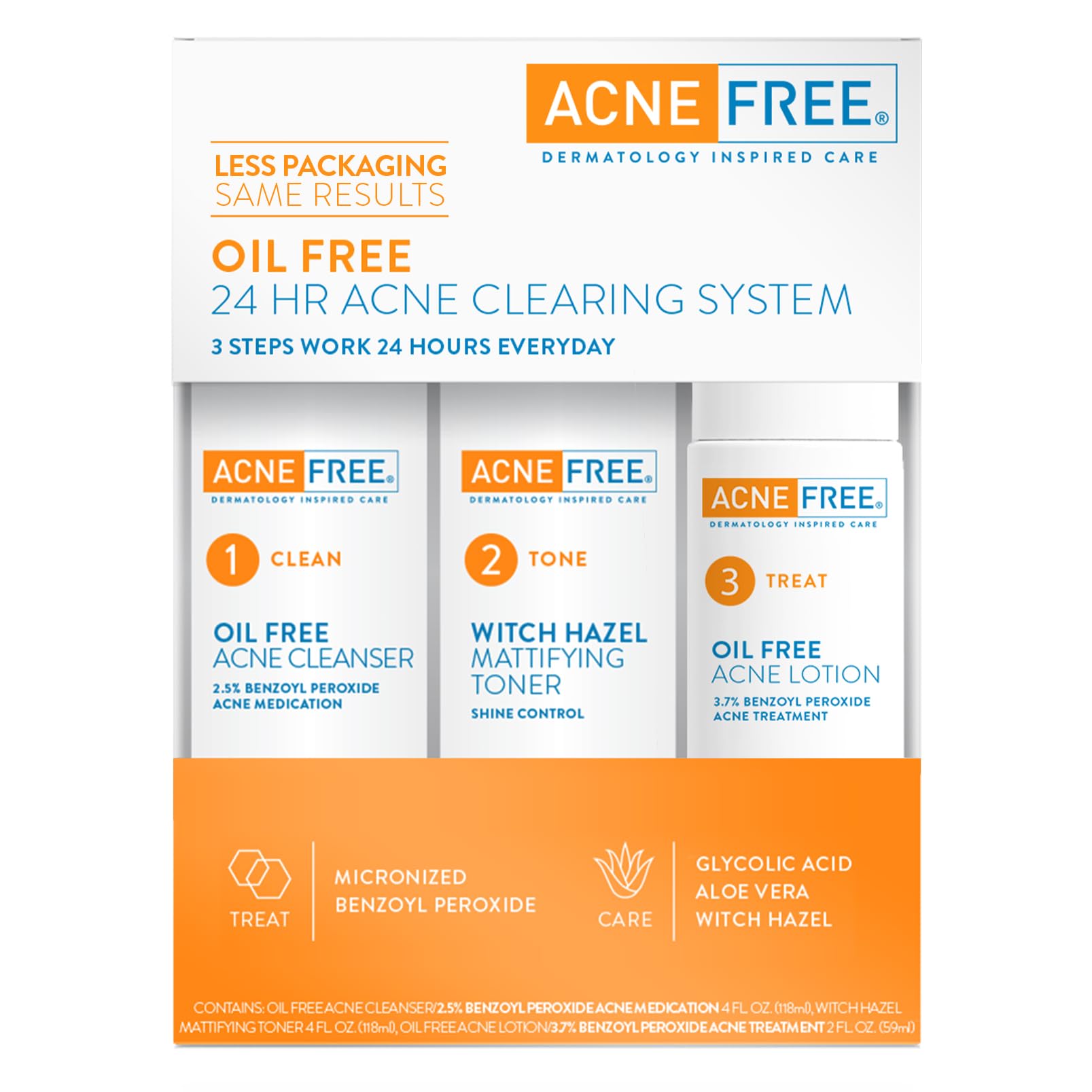 Acne Free 3 Step 24 Hour Acne Treatment Kit - Clearing System W Oil Free Acne Cleanser, Witch Hazel Toner, & Oil Free Acne Lotion - Acne Solution W/ Benzoyl Peroxide for Teens and Adults - Original