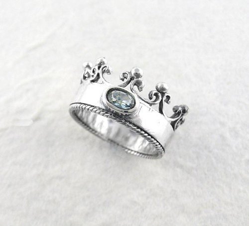 Sterling Silver Crown with Cubic Zirconia"Princess" Ring, Aqua Size 8