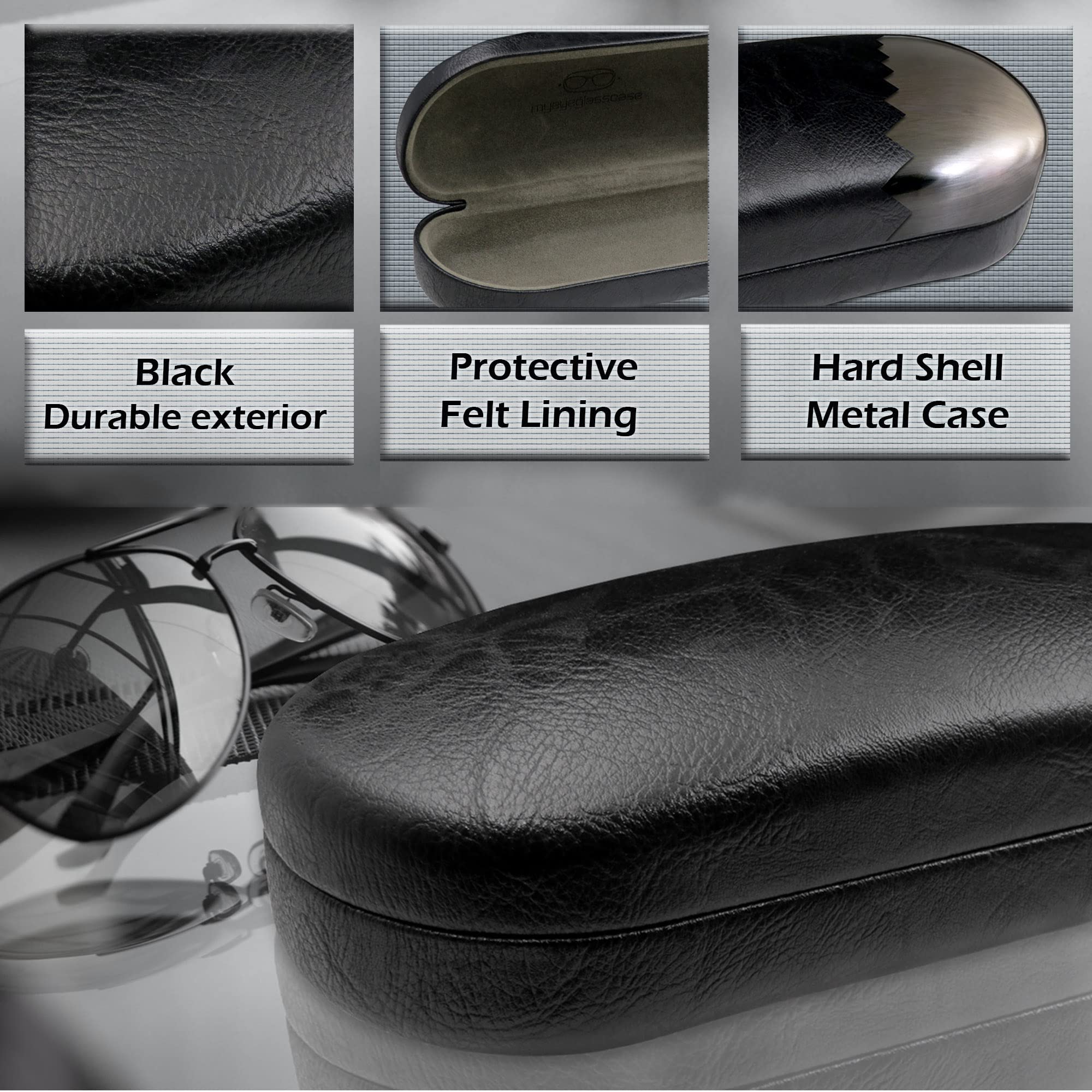 My Eyeglass Case - Men Sunglasses case in Premium Leather Like - Eyeglasses Case Hard Shell with Microfiber Pouch & Cloth Glasses Case - Medium to Large for Men and Women (AS87 Black with Pouch)