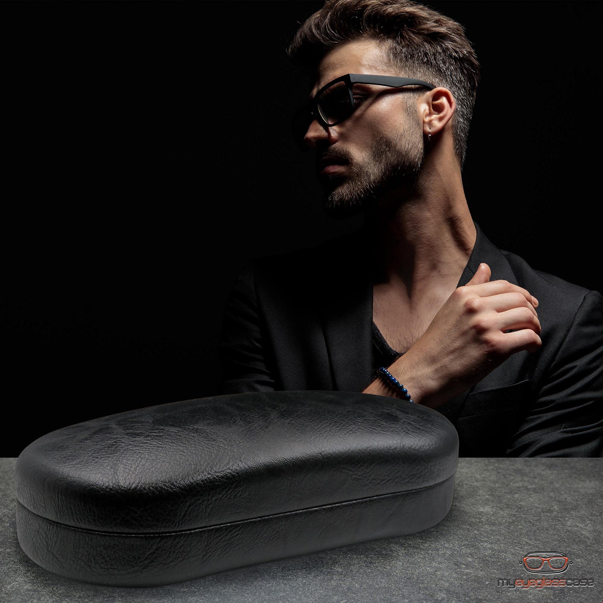 My Eyeglass Case - Men Sunglasses case in Premium Leather Like - Eyeglasses Case Hard Shell with Microfiber Pouch & Cloth Glasses Case - Medium to Large for Men and Women (AS87 Black with Pouch)