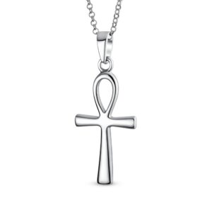 Bling Jewelry Unisex Large Religious Key To Life Egyptian Ankh Cross Pendant Necklace For Women Men Teens Polished .925 Sterling Silver