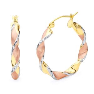 14k REAL Tri Color Gold 4mm Thickness Swirl Hinged Hoop Earrings (25 x 25 mm)