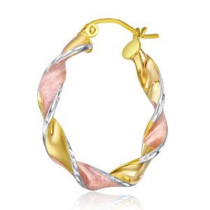 14k REAL Tri Color Gold 4mm Thickness Swirl Hinged Hoop Earrings (25 x 25 mm)