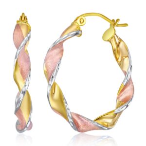 14k REAL Tri Color Gold 4mm Thickness Swirl Hinged Hoop Earrings (25 x 25 mm)