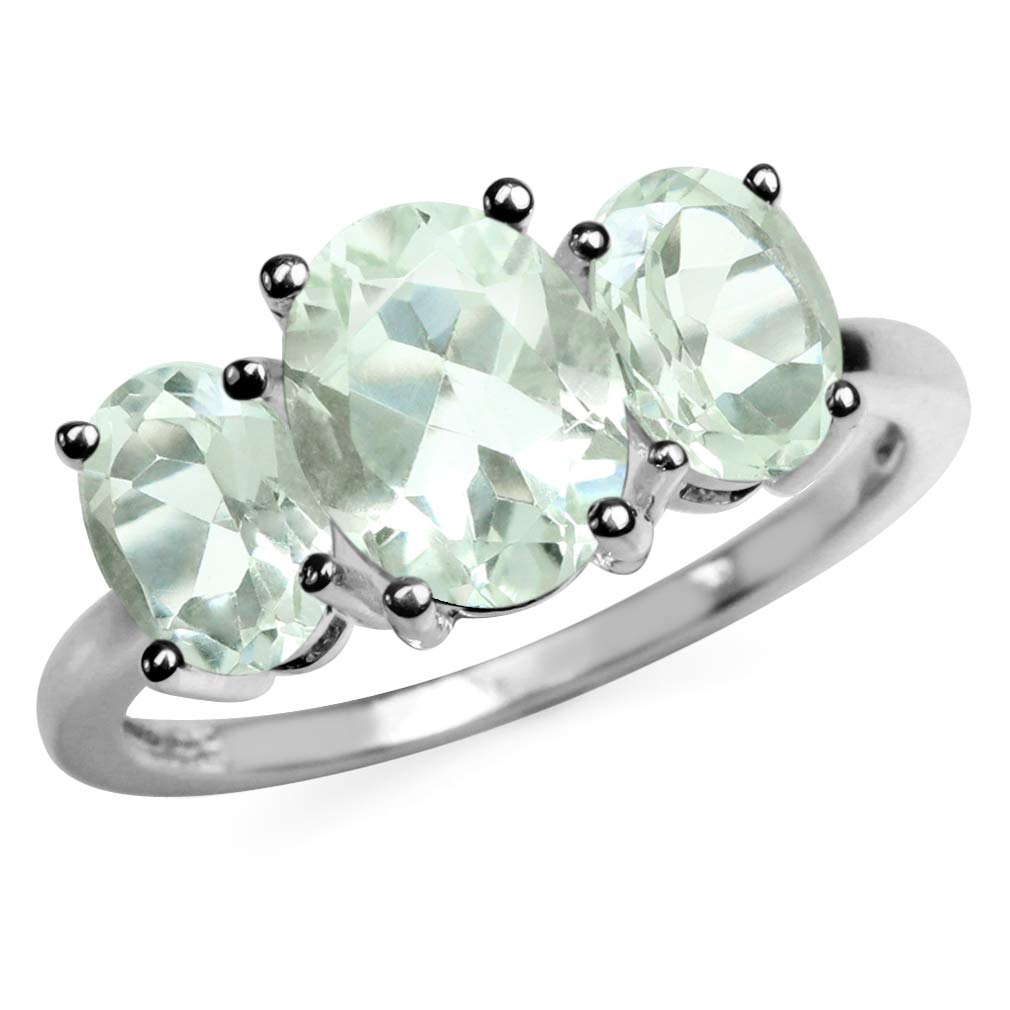 Silvershake 3.32ct. 3 Stone Natural Oval Shape Green Amethyst 925 Sterling Silver Ring Size 7