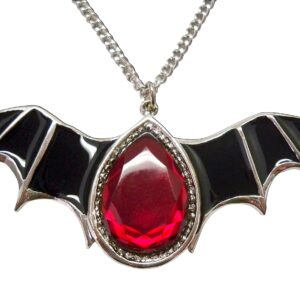 Gothic Black Bat Wings and Blood Red Stone Pewter Pendant Necklace