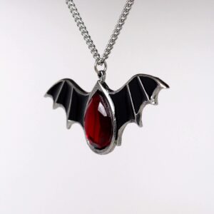 Gothic Black Bat Wings and Blood Red Stone Pewter Pendant Necklace