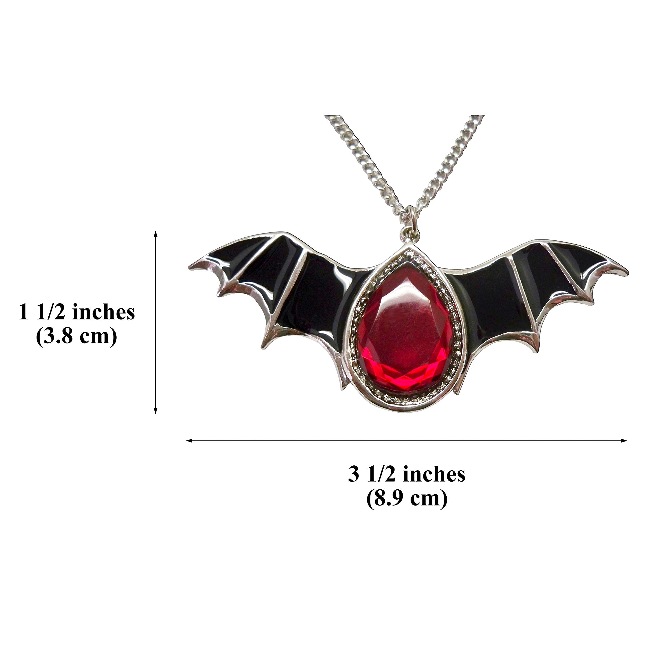 Gothic Black Bat Wings and Blood Red Stone Pewter Pendant Necklace