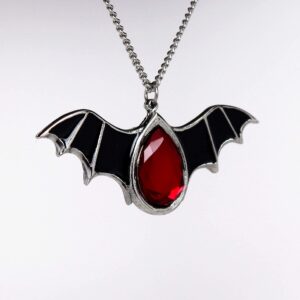 Gothic Black Bat Wings and Blood Red Stone Pewter Pendant Necklace