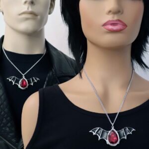 Gothic Black Bat Wings and Blood Red Stone Pewter Pendant Necklace