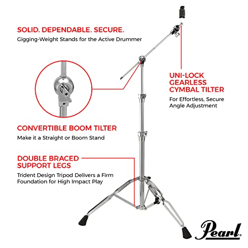 Pearl BC930 Double-Braced Cymbal Boom Stand, Heavy Weight Boom Stand with Gearless UniLock Cymbal Tilter, Three-Tier Height Adjustment, and Sturdy Double-Braced legs.