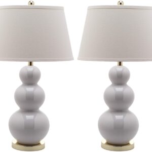 SAFAVIEH Lighting Collection Pamela Modern Contemporary White Triple Gourd Ceramic 27-inch Bedroom Living Room Home Office Desk Nightstand Table Lamp Set of 2 (LED Bulbs Included)