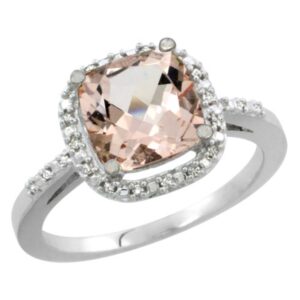 Silver City Jewelry 14K White Gold Natural Morganite Ring Cushion-Cut 8x8mm Diamond Accent, Size 10