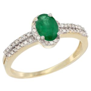 14k yellow gold natural emerald ring oval 6x4mm diamond accent, size 10