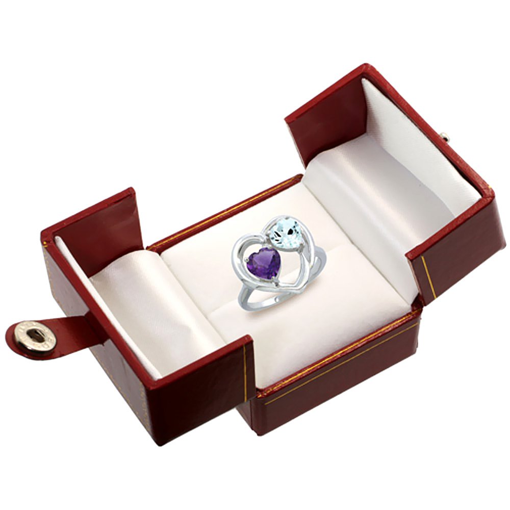 14K White Gold Diamond Two-stone Heart Ring 6mm Natural Amethyst & Aquamarine, size 7.5