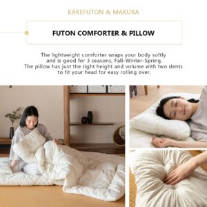 EMOOR Space-Saving Japanese Futon Set (Futon Mattress, Comforter & Pillow) Compact-Twin, Made in Japan, Foldable Floor Sleeping Mattress Shikibuton Tatami Mat Camp Guest-Use