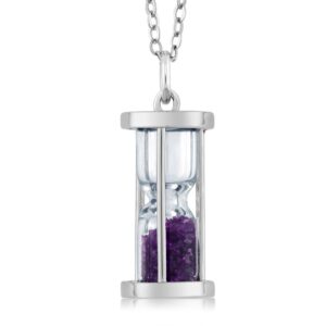 Gem Stone King 925 Sterling Silver Diamond & Gemstone Birthstone Dust Hourglass Necklace For Women With 18 Inch Silver Chain - Purple