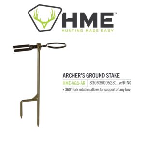 HME High Performance Portable Easy-To-Install Versatile Durable Archer's Ground Bow Stake with 360-Degree Rotating Fork - Arrow Ring Included