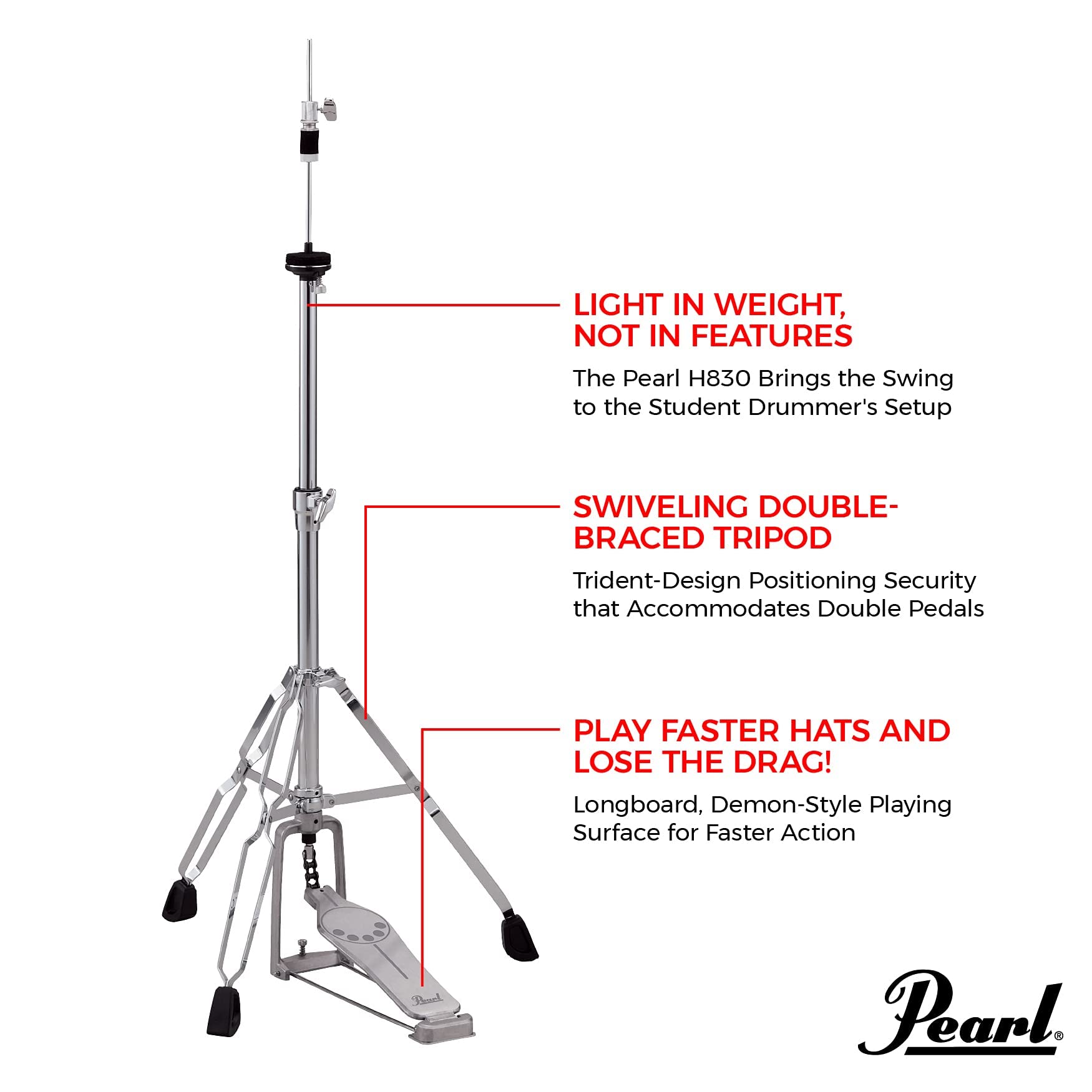 Pearl H830 Hi-Hat Stand, Demonator Style Long Footboard and Swivel Legs