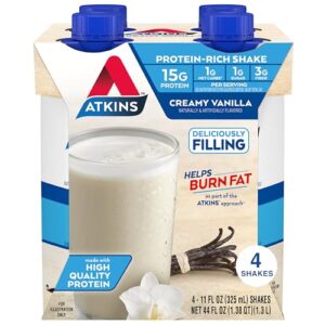 Atkins Creamy Vanilla Protein Shake, 15g Protein, Low Glycemic, 2g Net Carb, 1g Sugar, Keto Friendly, 4 Count