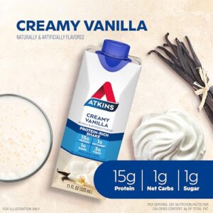 Atkins Creamy Vanilla Protein Shake, 15g Protein, Low Glycemic, 2g Net Carb, 1g Sugar, Keto Friendly, 4 Count