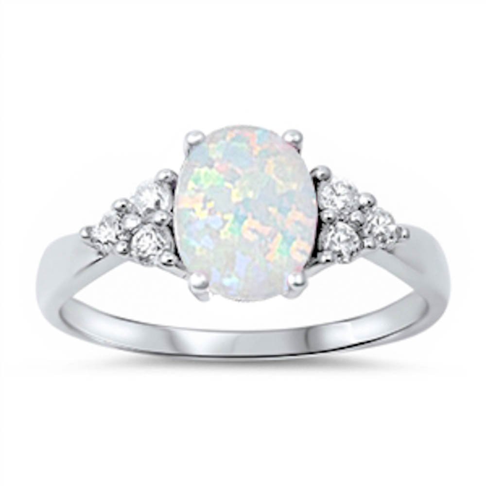 Sterling Silver Oval Lab Created White Opal & White Simulated Diamond Ring Size 6