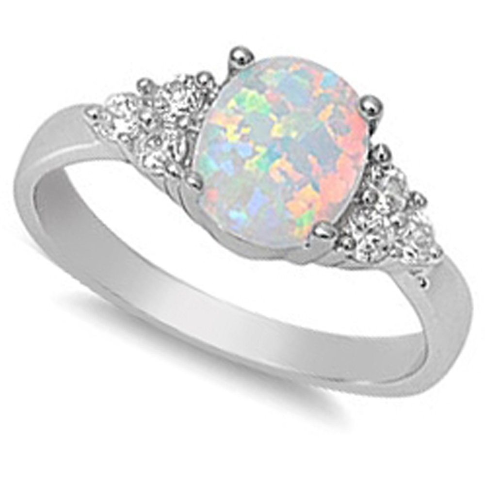 Sterling Silver Oval Lab Created White Opal & White Simulated Diamond Ring Size 6