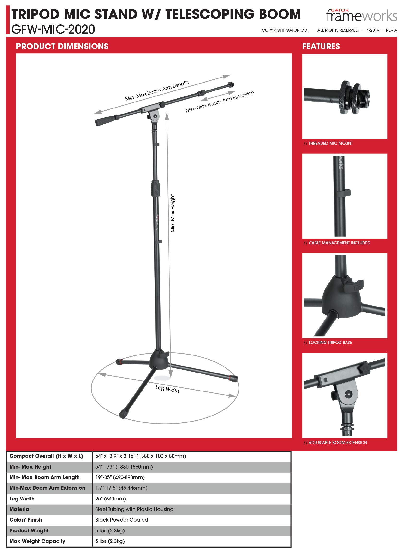 Gator Frameworks Tripod Mic Stand with Soft Grip Twist Clutch, Boom Arm, and Both 3/8" and 5/8" Adapters; Min/Max Height - 6"/99" (GFW-MIC-2020),Black