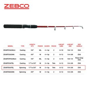 Zebco Z-Cast Spinning Fishing Rod, Extendable 17-Inches to 5-Foot 6-Inch Telescopic Durable Z-Glass Fishing Pole, Comfortable EVA Rod Handle, Shock-Ring Guides, Medium Power, Red