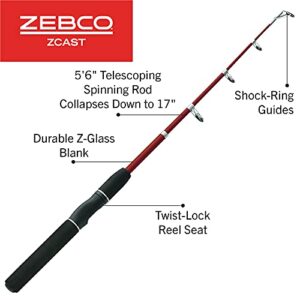 Zebco Z-Cast Spinning Fishing Rod, Extendable 17-Inches to 5-Foot 6-Inch Telescopic Durable Z-Glass Fishing Pole, Comfortable EVA Rod Handle, Shock-Ring Guides, Medium Power, Red