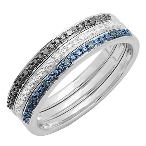 Dazzlingrock Collection - 0.10 Carat (Cttw) Black, Blue & White Diamond Wedding Ring Set 1/10 CT, Sterling Silver, Size 9