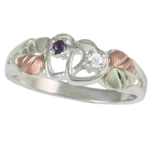 Amethyst and Diamond Double Hearts Ring, Sterling Silver, 12k Green and Rose Gold Black Hills Gold Motif, Size 7.25