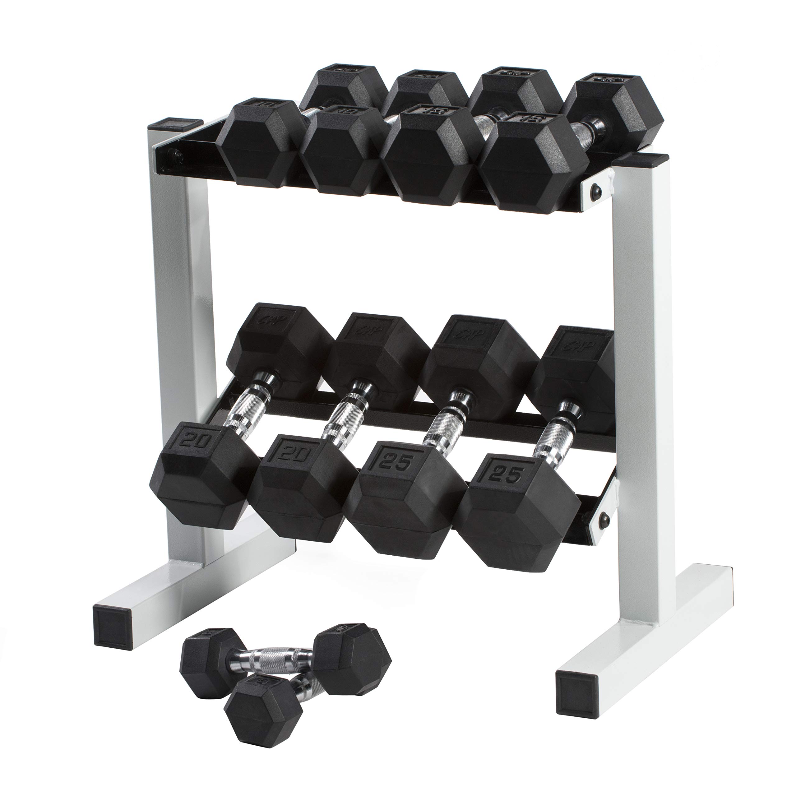 Cap Barbell Rubber Hex Dumbbell Set, 150-Pound to CAP Barbell Rubber Coated Dumbbell Set with Storage Rack (150-Pound)