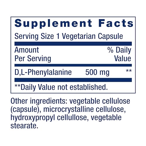 Life Extension D, L-Phenylalanine Capsules, 500 mg – Supports Mood Health, Promotes Neurotransmitter Health – Gluten-Free, Non-GMO, Vegetarian – 100 Capsules