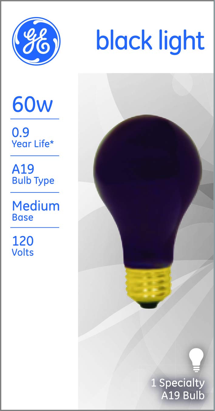 GE Lighting A19 Black Light Incandescent Light Bulb, 60-Watt Replacement, Medium Base, 6-Pack