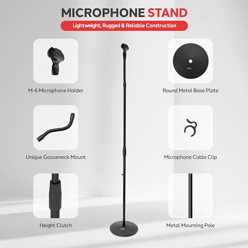 Pyle Universal Microphone Stand - M-6 Mic Holder USA Standard Adapter and Height Adjustable from 31.5” to 60” Inch High w/ Pivotable Gooseneck Mount - Heavy Duty Clutch Tension Knob PMKS32