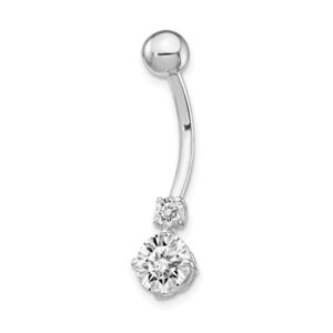 10k White Gold Polished Open back Screw back With 3 and 6mm CZ Cubic Zirconia Simulated Diamonds Belly Ring Dangle Jewelry for Women