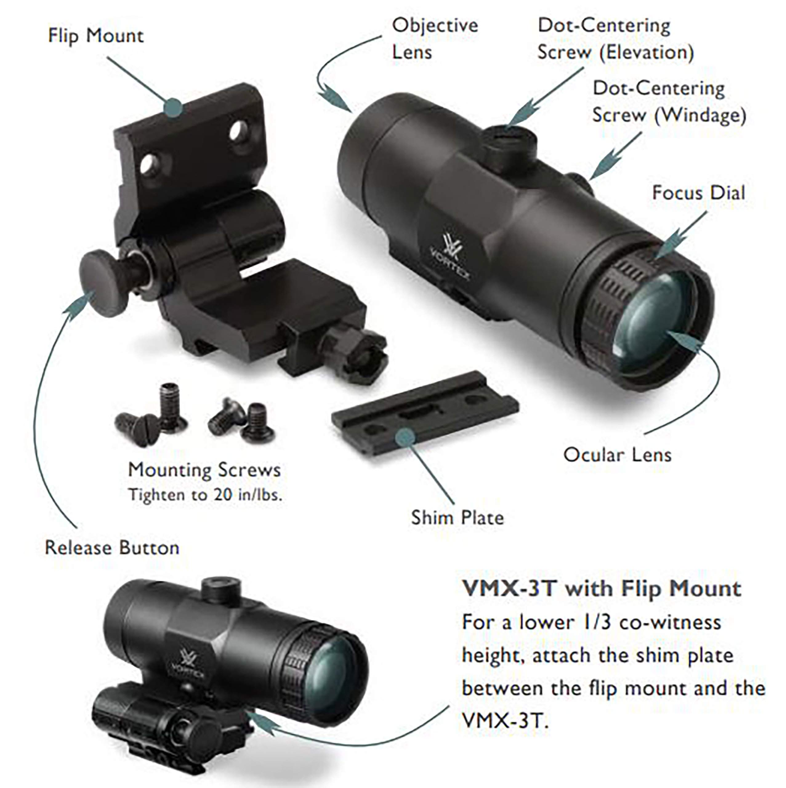 Vortex Optics VMX-3T 3X Red Dot Sight Magnifier with Built-In Flip Mount