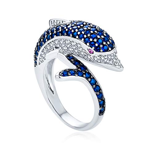 Bling Jewelry Nautical Pave Cubic Zirconia Navy Blue CZ Bypass Statement Dolphin Band Ring For Women Black Silver Plated Brass