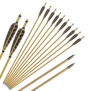 huntingdoor 12 pcs turkey feather fletching wooden arrows archery target arrows with field points for recurve bow or longbow targeting practice shooting (nature)