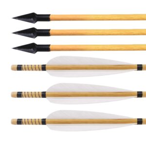 Huntingdoor 6pcs White Turkey Feather Wooden Shaft Hunting Shooting Arrows 31inch with A-803 arrowhead 150grain (White)