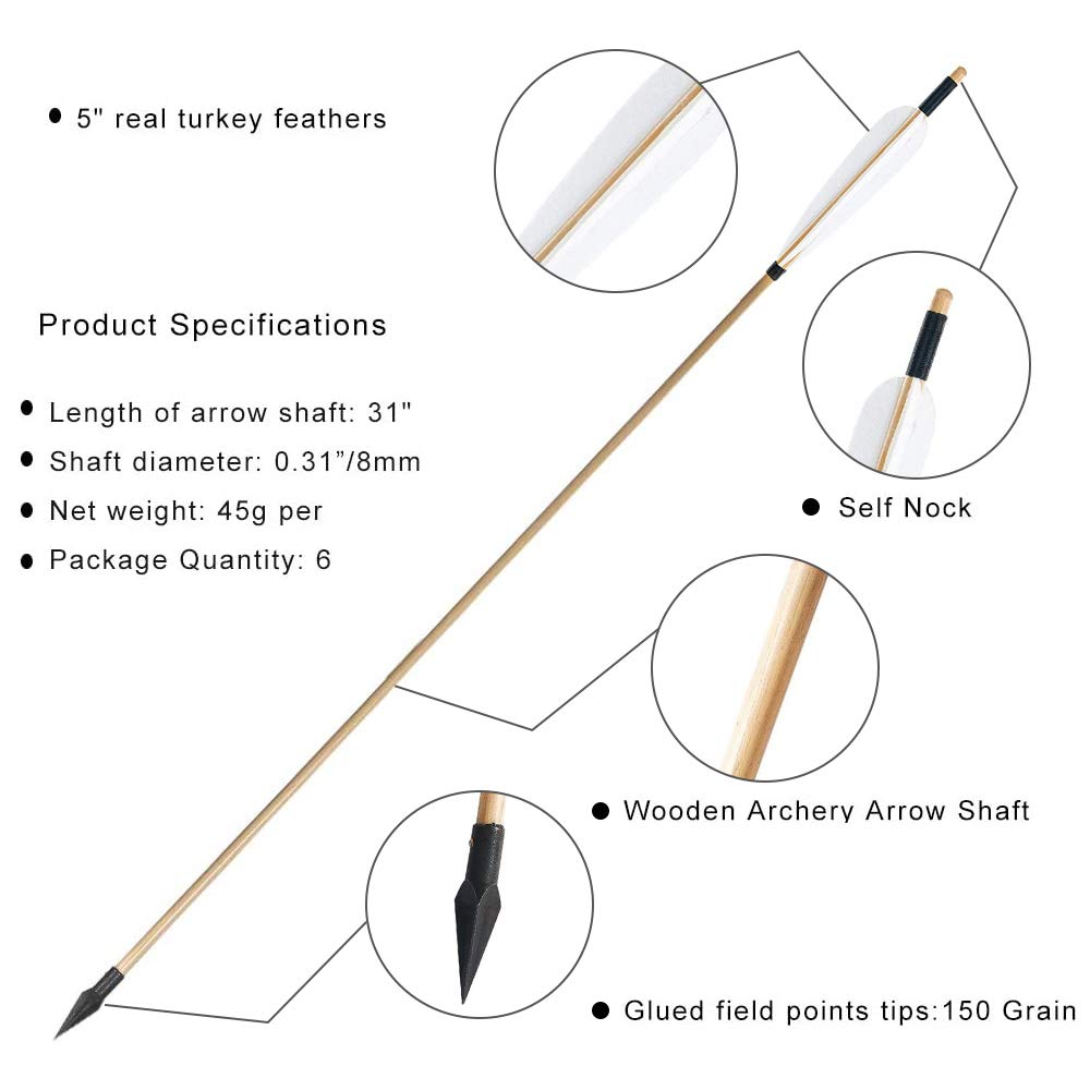 Huntingdoor 6pcs White Turkey Feather Wooden Shaft Hunting Shooting Arrows 31inch with A-803 arrowhead 150grain (White)