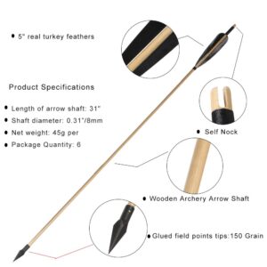 Huntingdoor Wooden Arrows 31inch Archery Shaft 5" Turkey Feathers Fletching with Arrowhead 150 grain for Traditional Recurve Bow or Longbows (Black)