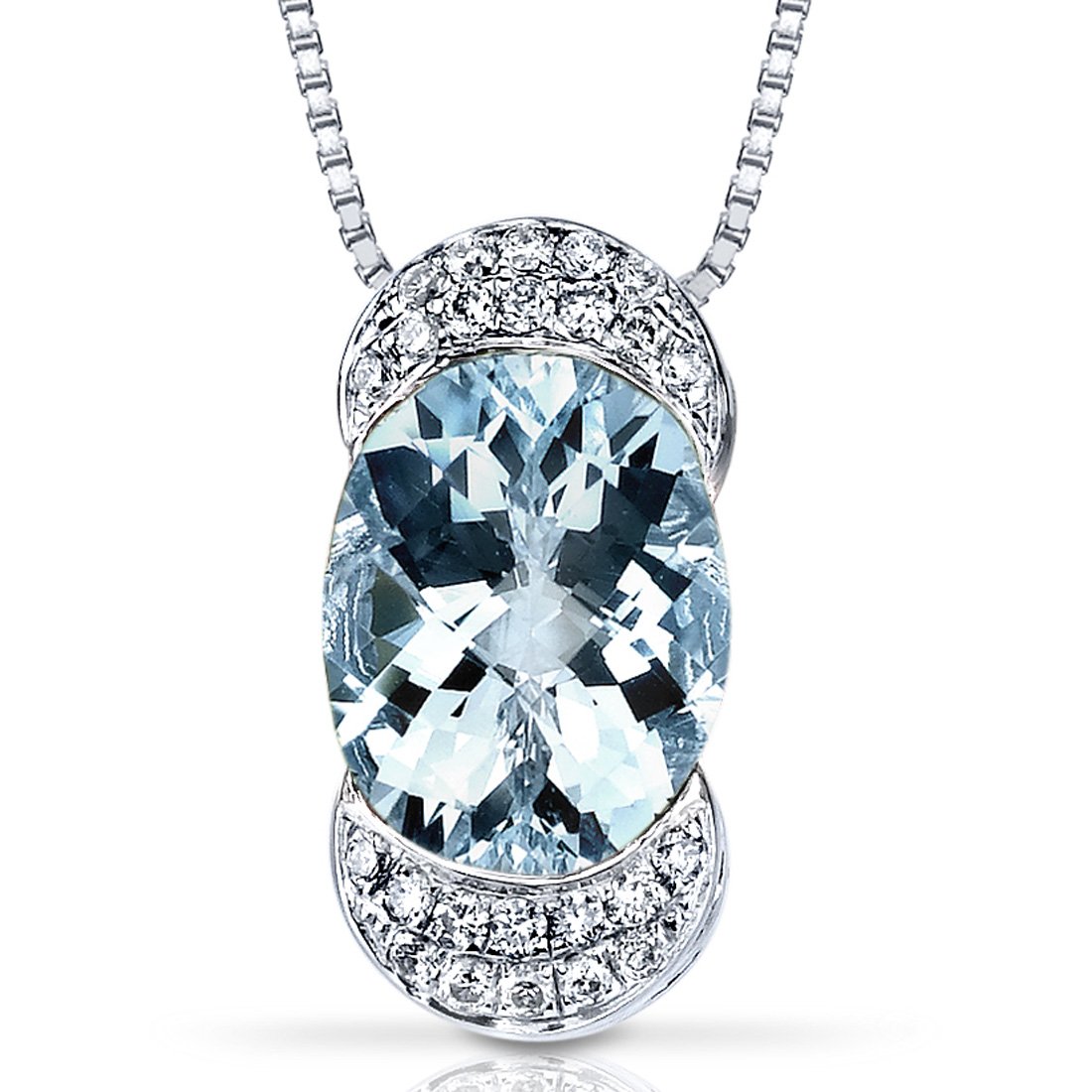 PEORA Aquamarine and Diamond Pendant for Women 14K White Gold, Designer Solitaire, Genuine Gemstone Birthstone, 1.75 Carats Oval Shape 9x7mm, with 18 inch Chain