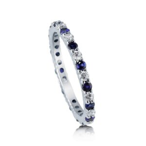 BERRICLE Sterling Silver Wedding Rings Simulated Blue Sapphire Pave Set Cubic Zirconia CZ Anniversary Eternity Ring for Women, Rhodium Plated Size 4