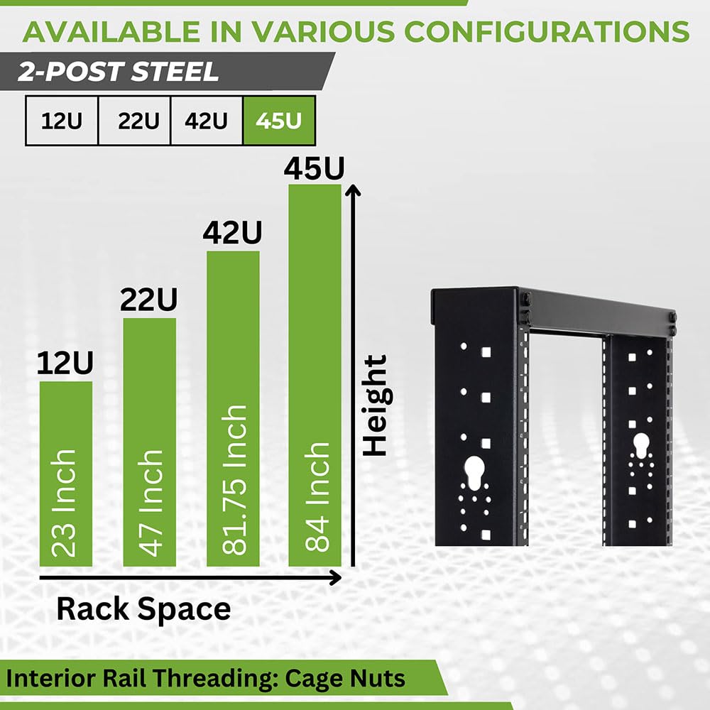 NavePoint 45U 2 Post Open Frame Server Rack for 19 Inch Equipment, AV, Networking, Data & IT Devices, 2-Post Rack 45U 881lbs Weight Capacity, Black