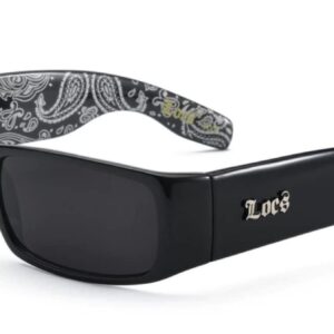 Locs Mens Hardcore Wrap Around Sunglasses with Bandana Print Inside, Black - Black Inside, Medium