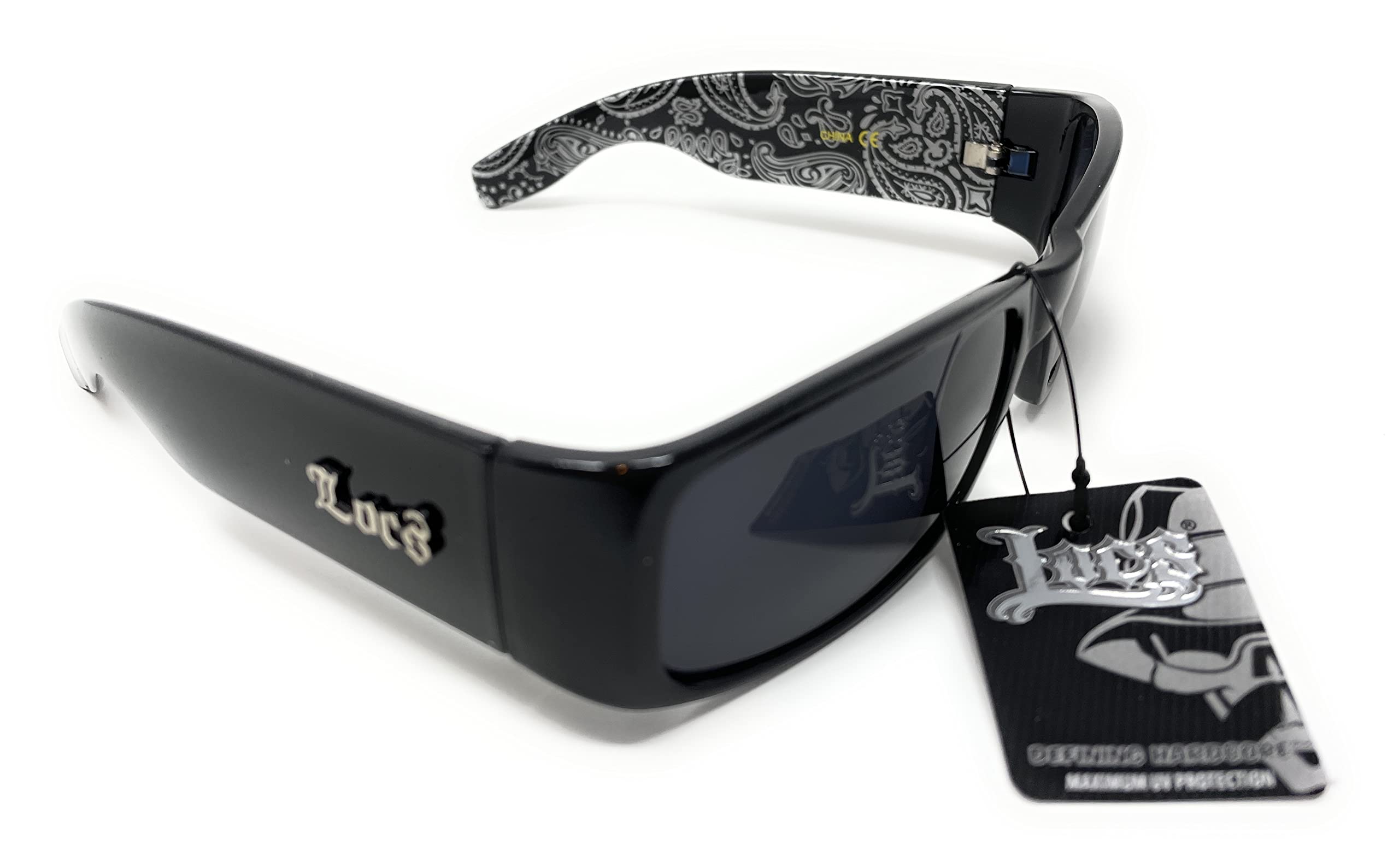 Locs Mens Hardcore Wrap Around Sunglasses with Bandana Print Inside, Black - Black Inside, Medium